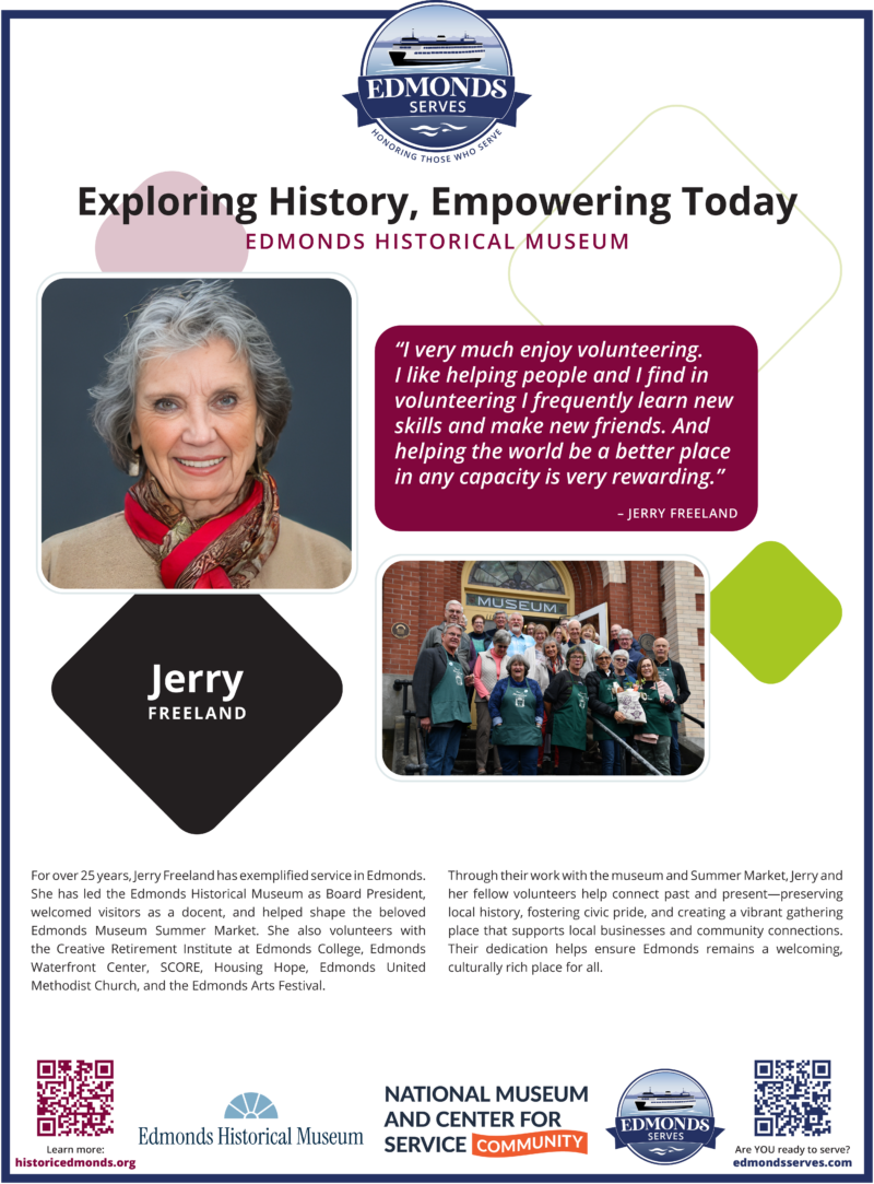 A poster honoring Jerry Freeland's service to the Edmonds Historical Museum and the community of Edmonds.